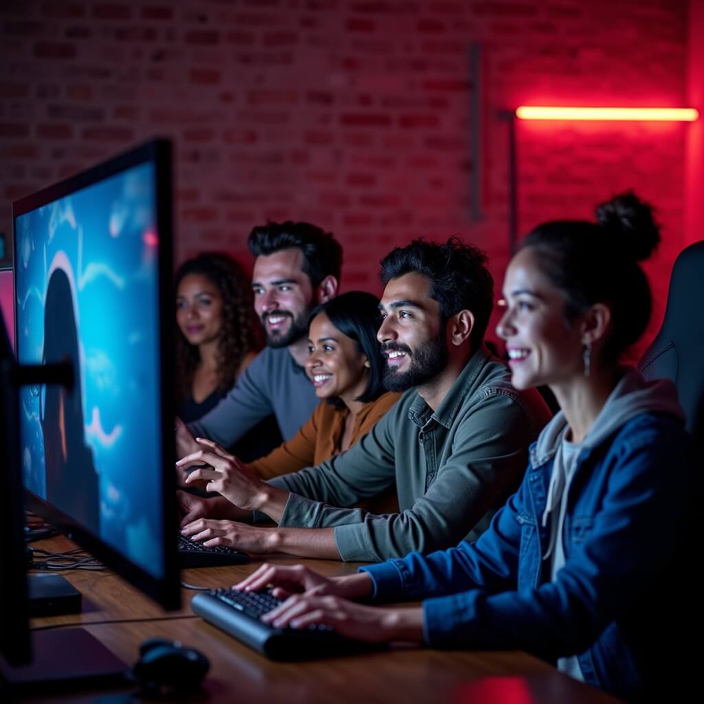 Group of diverse gamers gathered around screens in a collaborative gaming community space