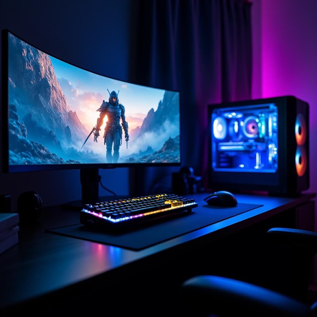 High-end gaming PC setup with RGB lighting in a dark room