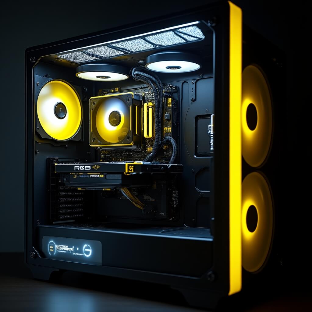 Custom PC build with high-end components and cable management inside a tempered glass case