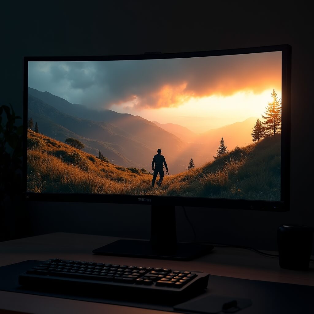 Open world exploration game with vast landscape and atmospheric lighting
